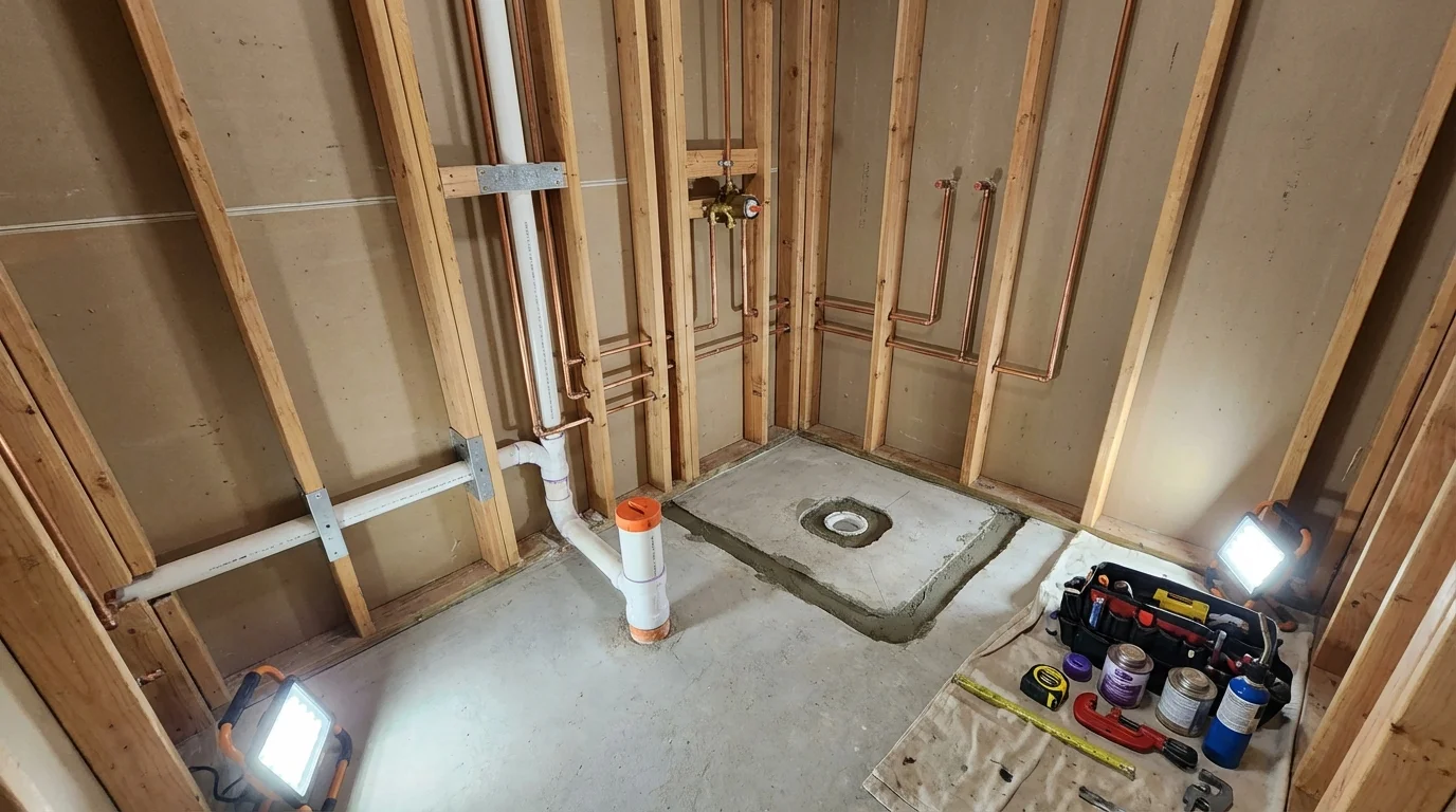 Bathroom rough-in plumbing during remodel by Johns Plumbing LLC in Marshall