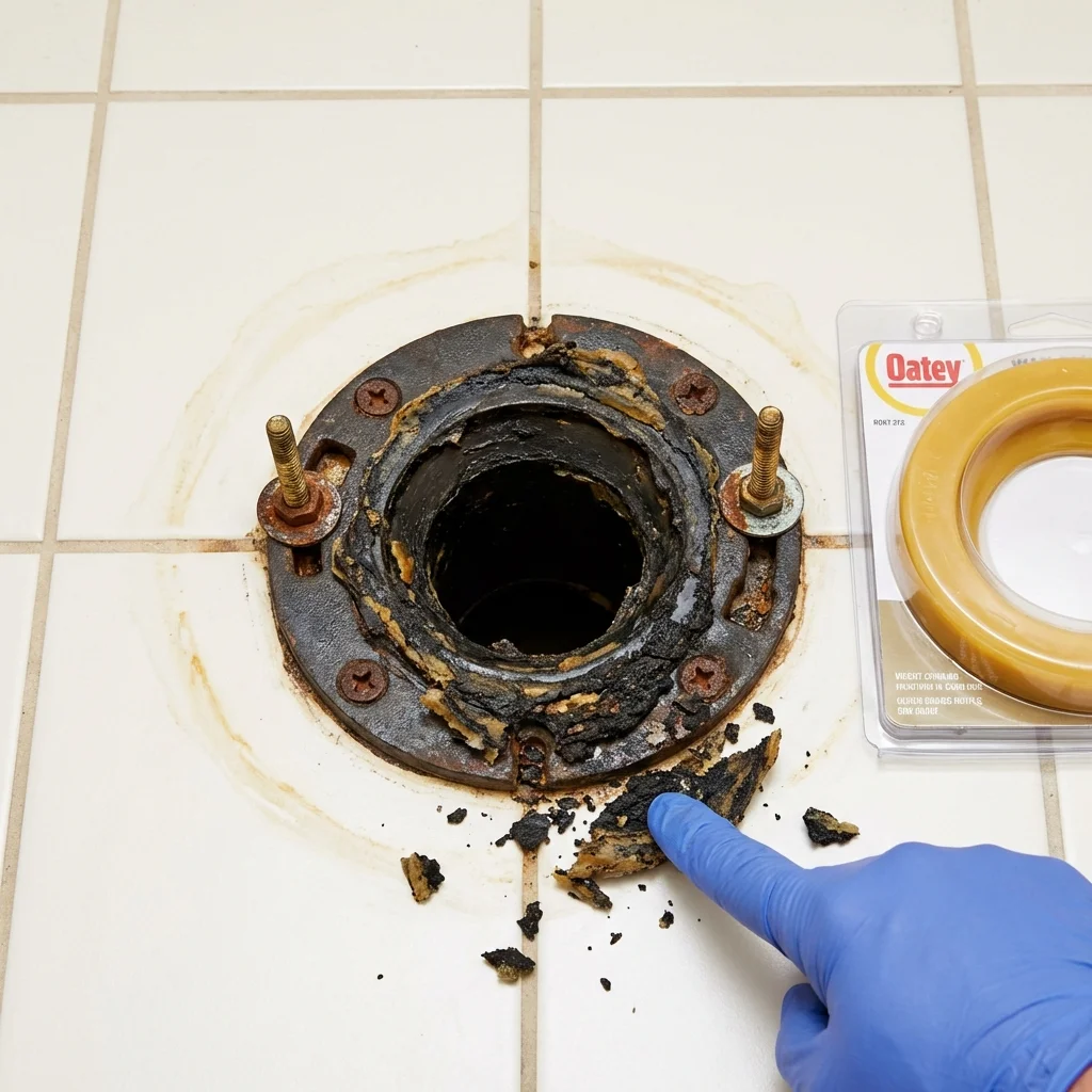 Failed wax ring showing water seepage at the base of a toilet in a Marshall, TX home