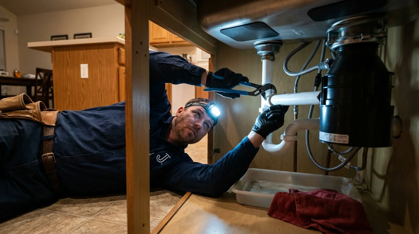 P-trap and supply line connections under a kitchen sink showing a common leak point in Marshall, TX